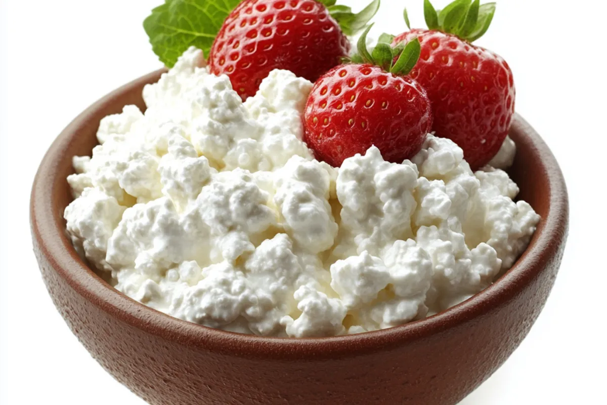 Bowl of cottage cheese topped with fresh berries and almonds, representing healthy food choices for daily weight management