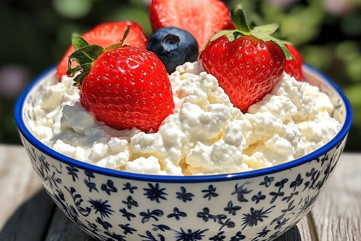 Bowl of cottage cheese topped with fresh berries and mint, a nutritious snack for weight loss and belly fat reduction