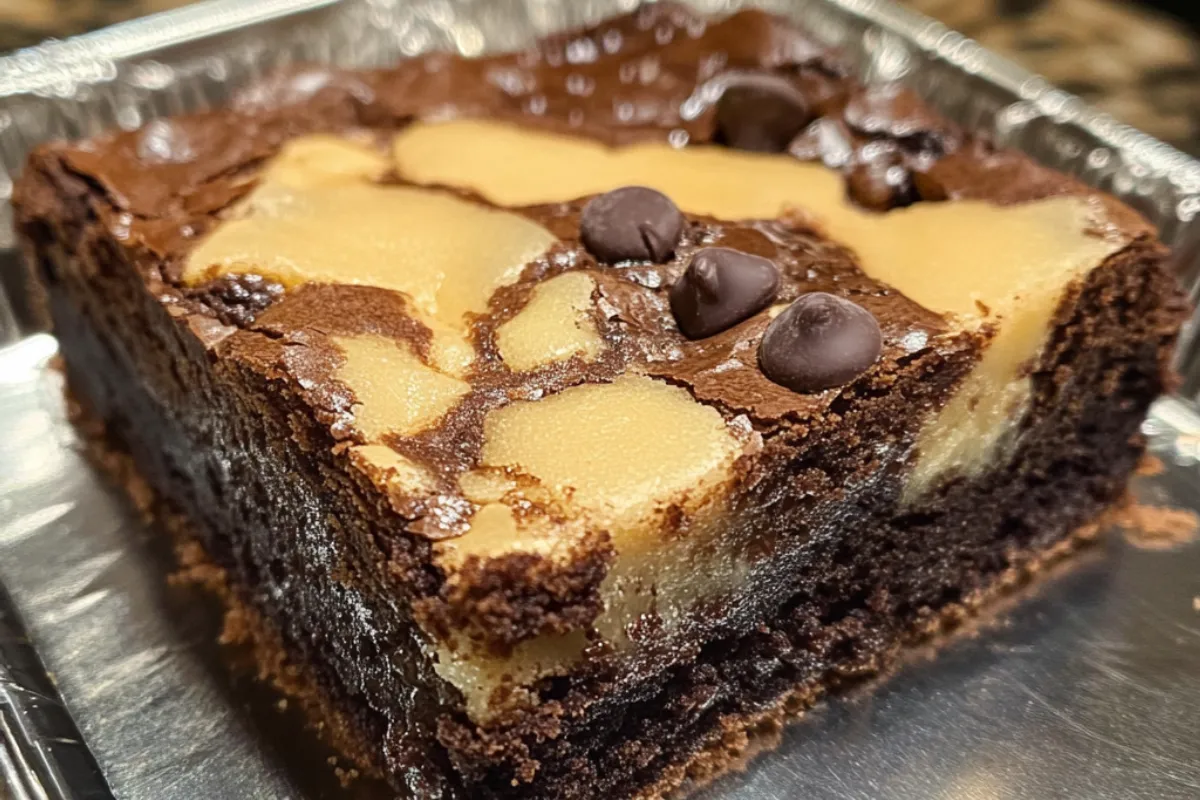 A freshly baked Brookie, the perfect combination of brownie and cookie, showing why they are called Brookies