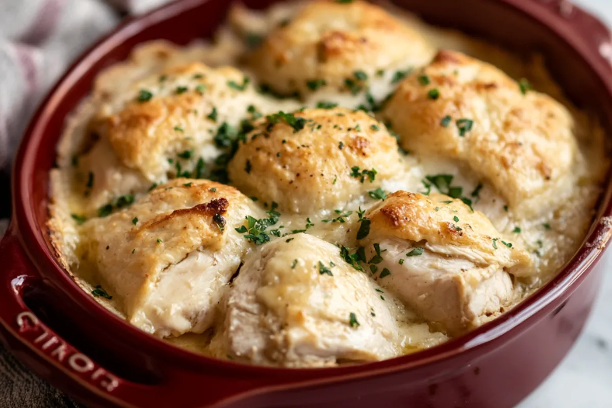 A delicious chicken cobbler served hot, with a golden-brown biscuit topping and creamy chicken filling