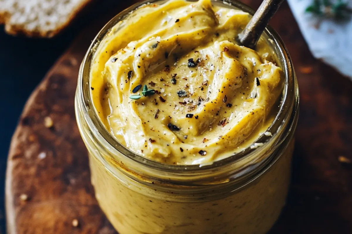 Homemade cowboy butter served in a small bowl with fresh herbs, showcasing a creamy and vibrant spread perfect for steaks and veggies