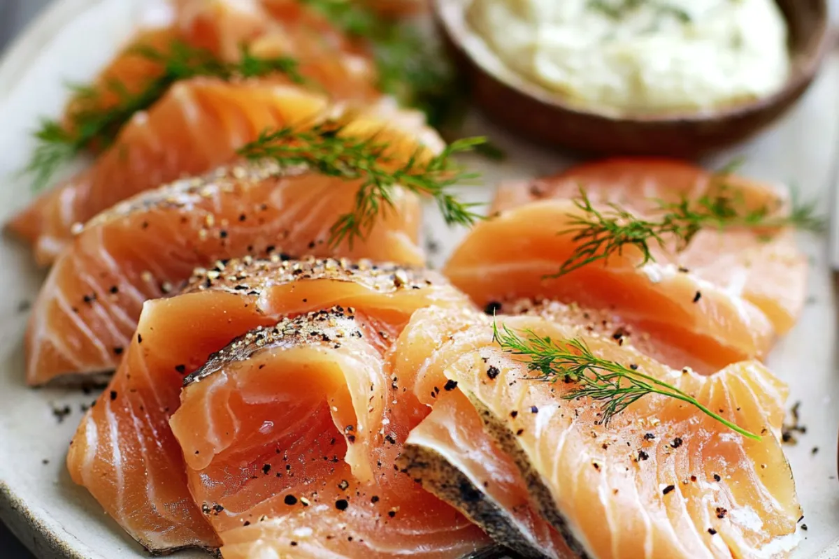 Smoked salmon on a wooden board with herbs, lemon slices, and spices ready for cooking