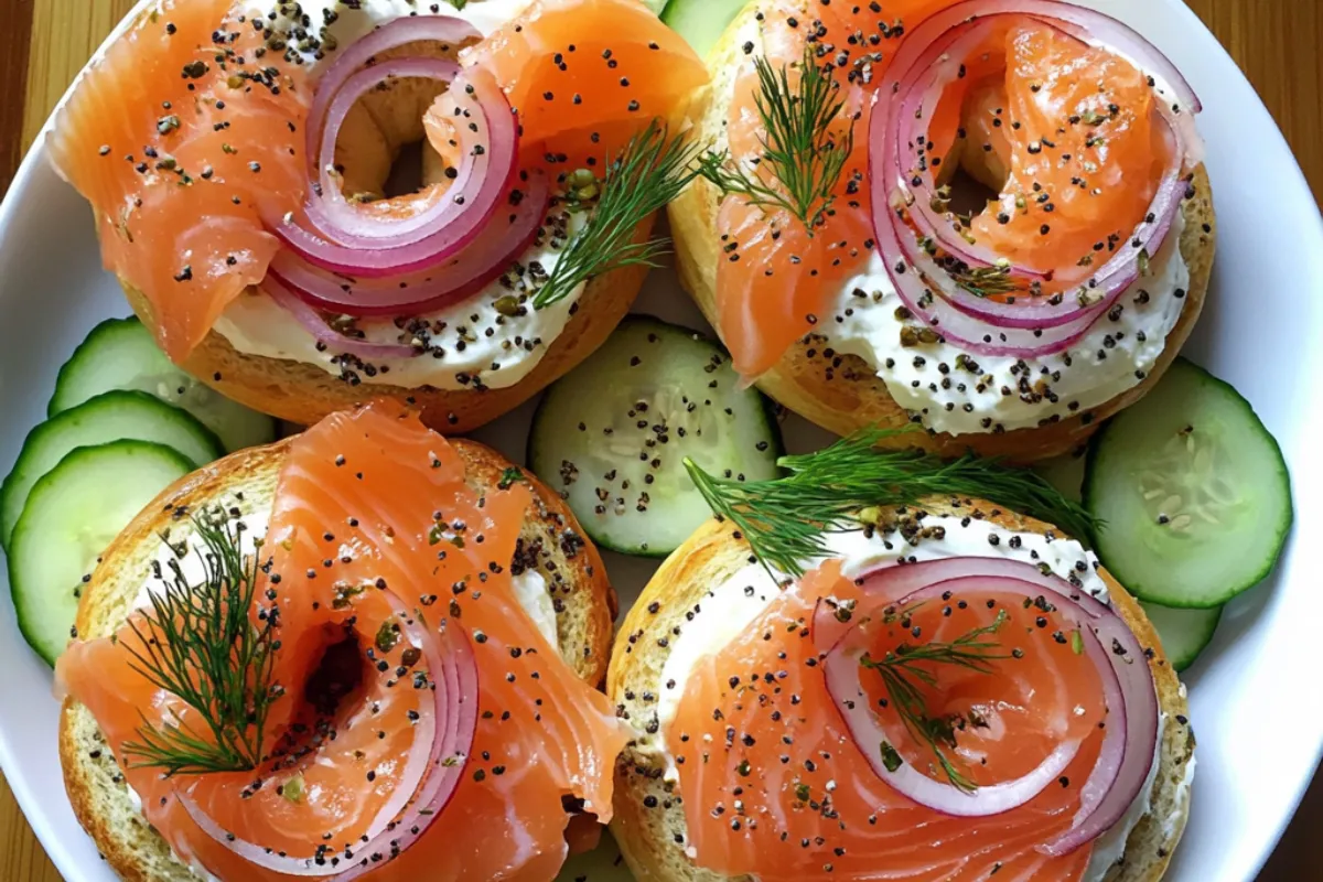 Fresh smoked salmon slices served with lemon, herbs, and cream cheese on a wooden platter