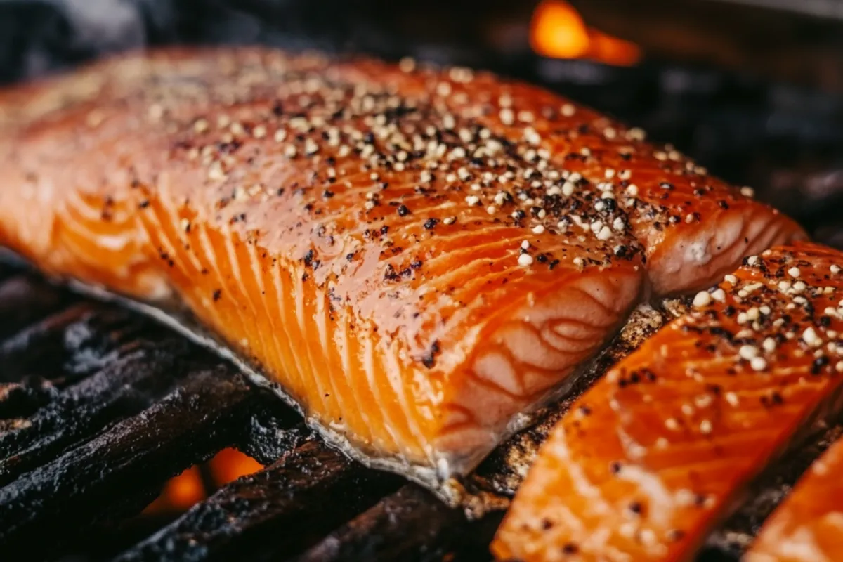 Perfectly smoked salmon fillet on a wooden board with a smoky glaze, showing texture and golden color from the smoking process