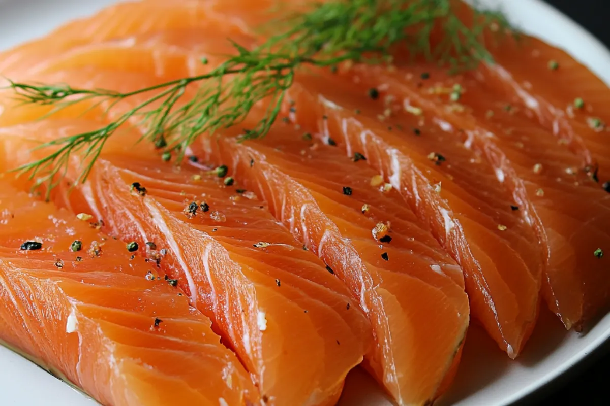 A plate of perfectly cooked smoked salmon served with fresh vegetables and garnished with herbs