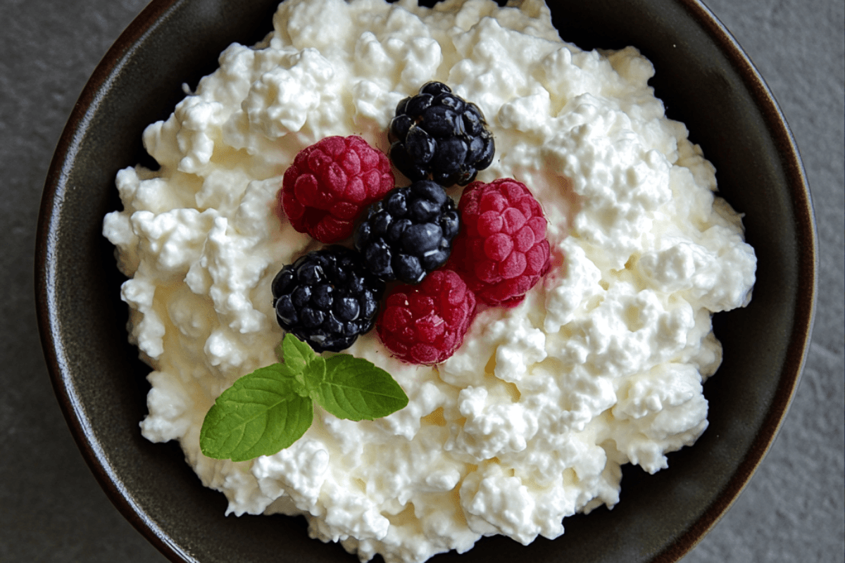 Bowl of cottage cheese with fresh berries and honey, a healthy and high-protein snack