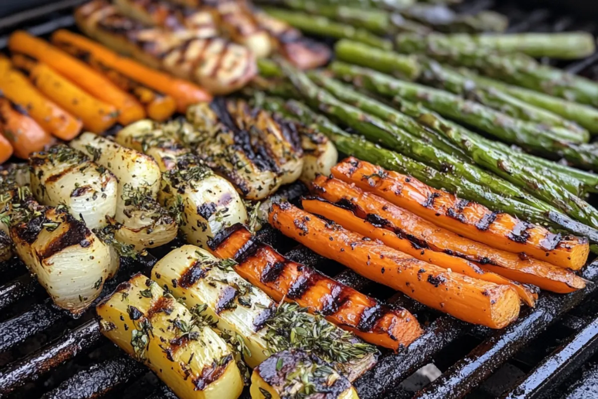 Smoked vegetables on a Traeger grill with wood pellets for enhanced flavor and texture