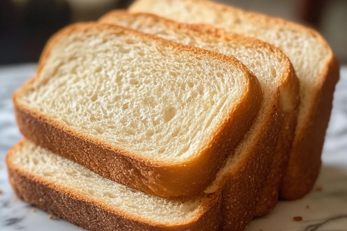 Freshly baked loaf of homemade sandwich bread cooling on a wire rack, sliced and ready to serve