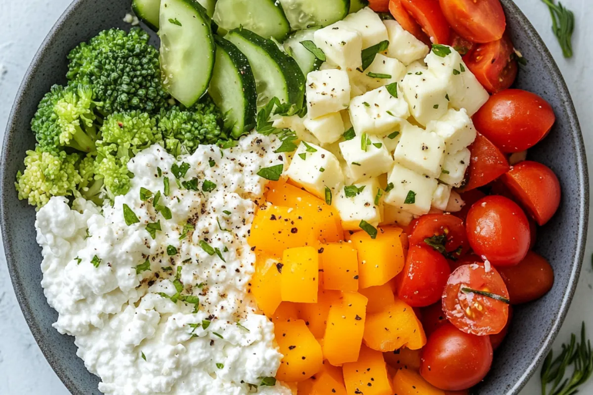 A bowl of cottage cheese topped with fresh berries and a side of sliced avocado, illustrating healthy food pairings for weight loss