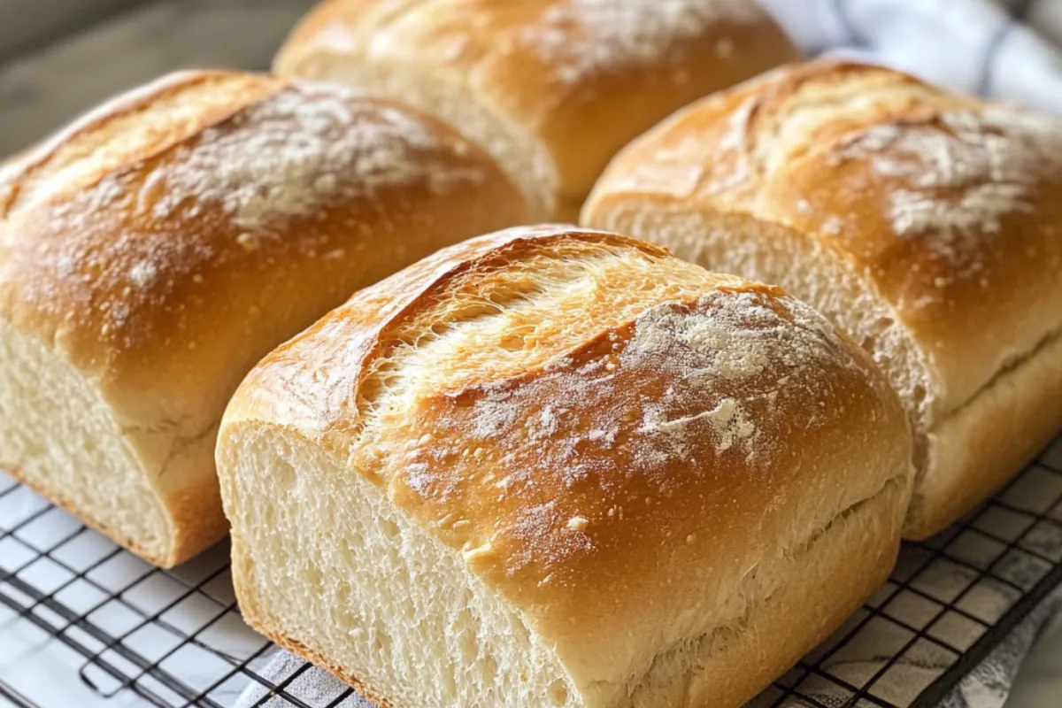 Freshly baked homemade sandwich bread on a cutting board with soft texture and golden crust