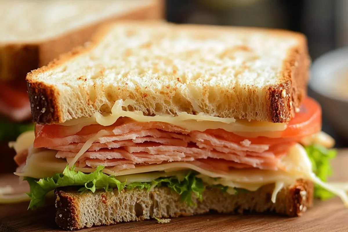 Different types of sandwich bread, including white, sourdough, ciabatta, and rye, paired with fillings like deli meats and vegetables