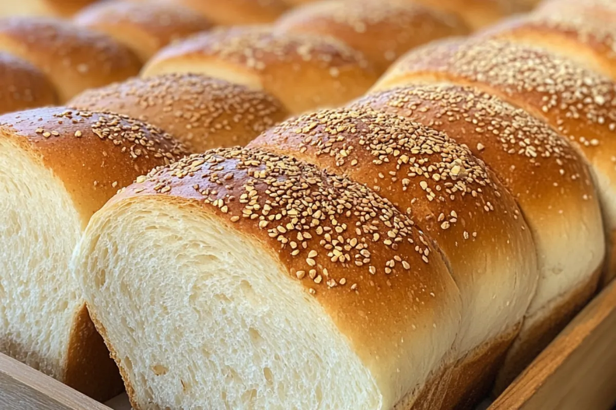 Soft, fluffy sandwich bread slices arranged neatly on a wooden cutting board