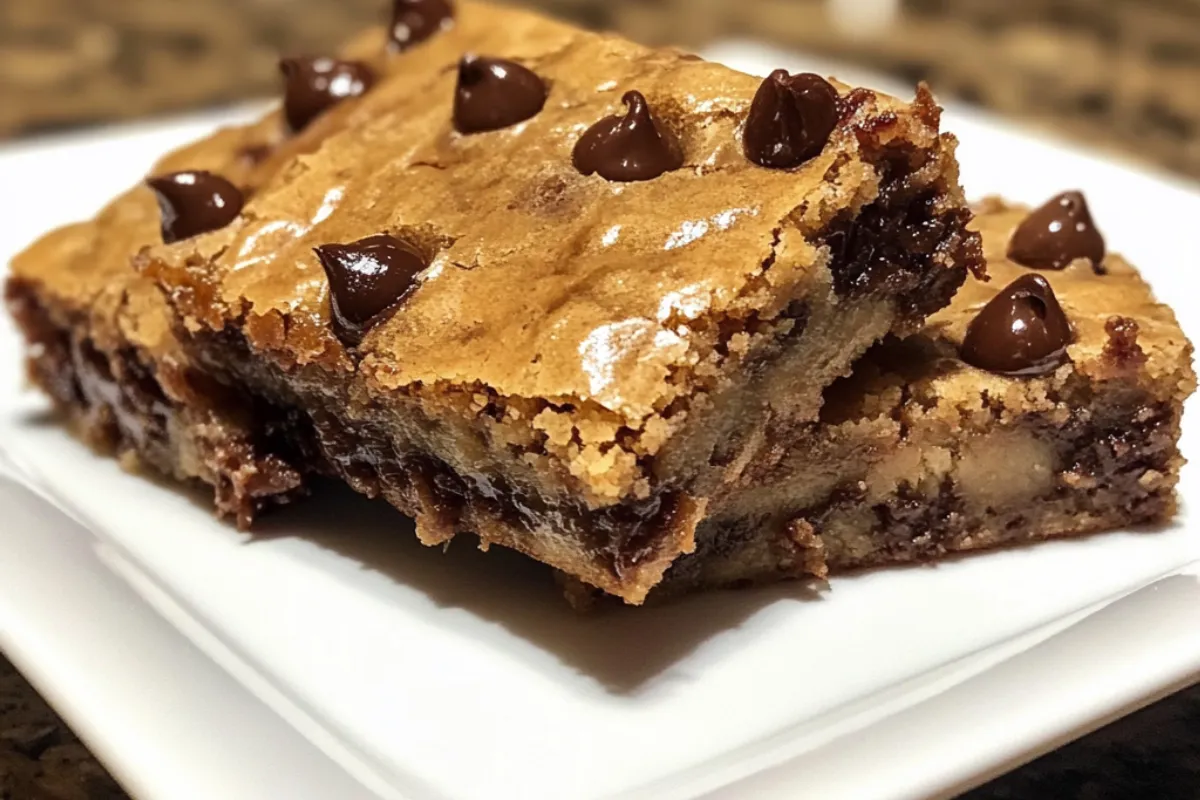 Close-up of a brookie - a dessert combining a fudgy brownie and a chewy chocolate chip cookie layer