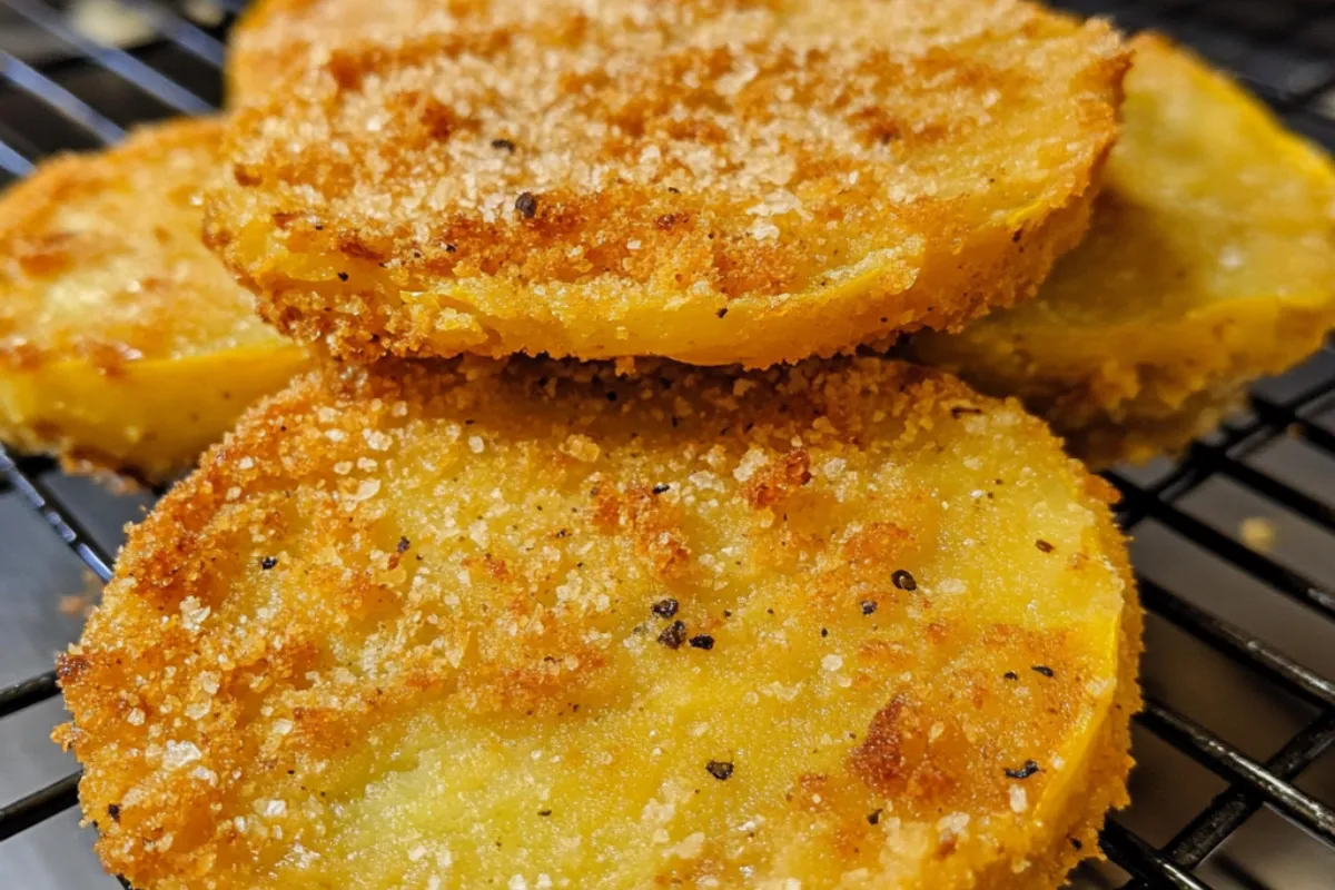 Golden-brown fried green tomatoes served on a plate with a side of dipping sauce, highlighting their crispy texture and tangy flavor