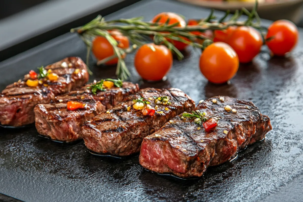 Person scraping and cleaning a Blackstone griddle after cooking