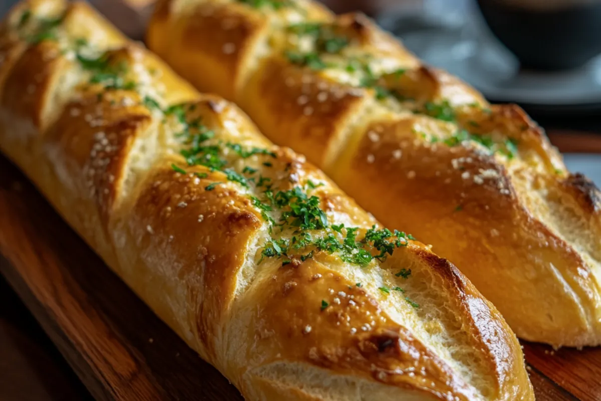 Freshly baked French bread with golden crust on a cooling rack