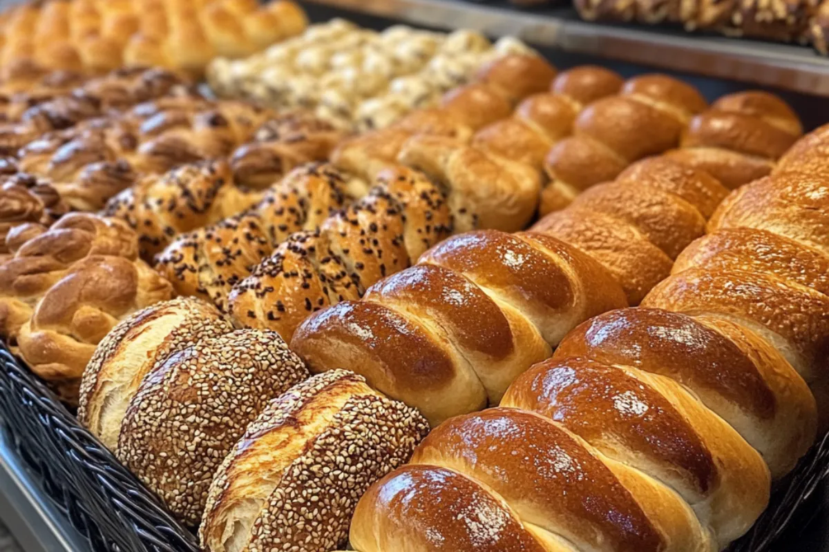 Close-up of fresh bakery bread with a crispy crust and soft interior, showcasing texture and rich color