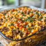 John Wayne casserole recipe with layers of biscuits, ground beef, cheese, and peppers, baked in a Tex-Mex style casserole dish