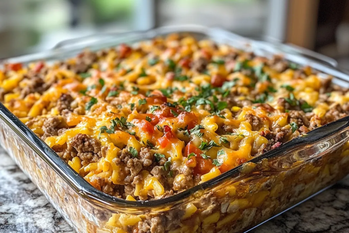 John Wayne casserole recipe with layers of biscuits, ground beef, cheese, and peppers, baked in a Tex-Mex style casserole dish