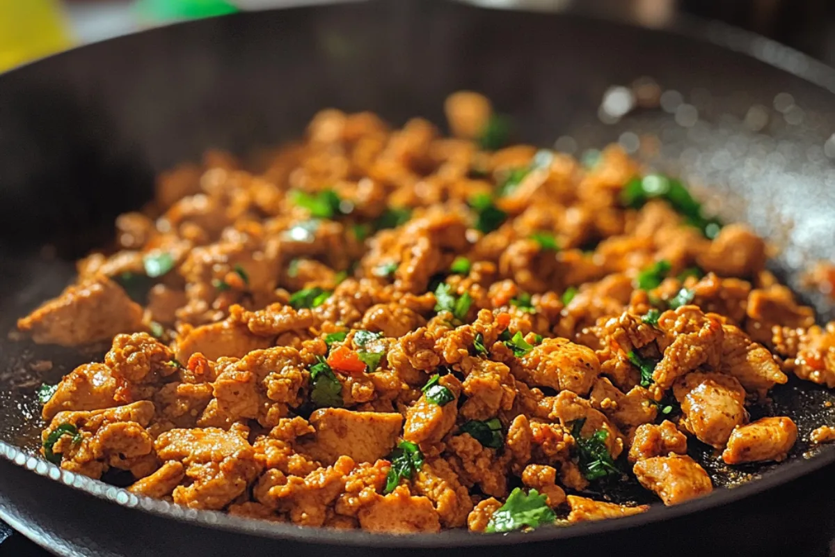 Ground chicken cooking in a skillet with seasonings for a healthy and delicious meal