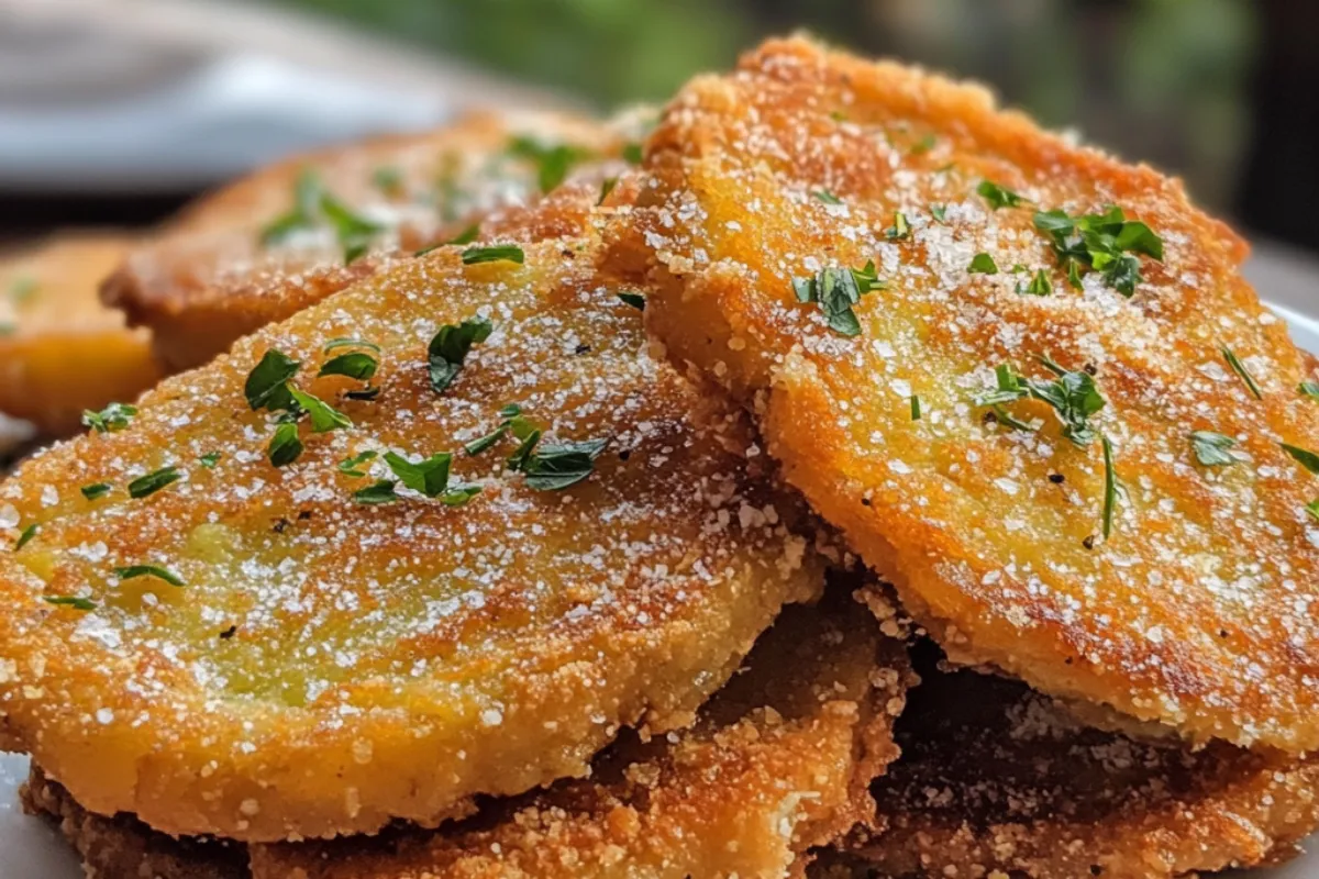 Crispy fried green tomatoes served on a plate with dipping sauce, highlighting their golden crust and juicy interior