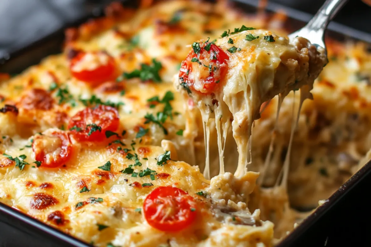 Illustration of a casserole dish showing the five essential components: protein, starch, vegetables, sauce, and topping