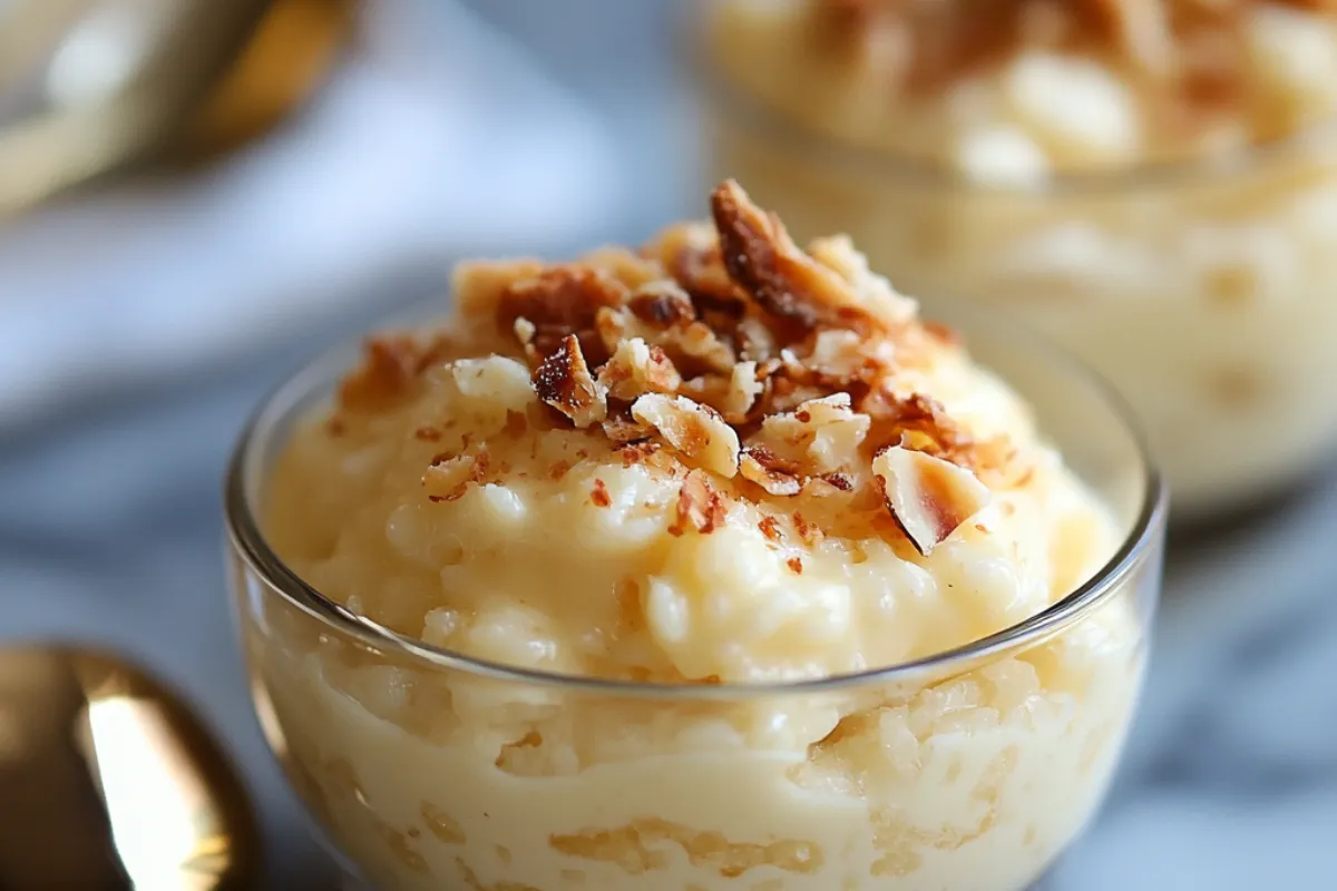 Creamy homemade rice pudding topped with cinnamon and fresh berries in a white bowl