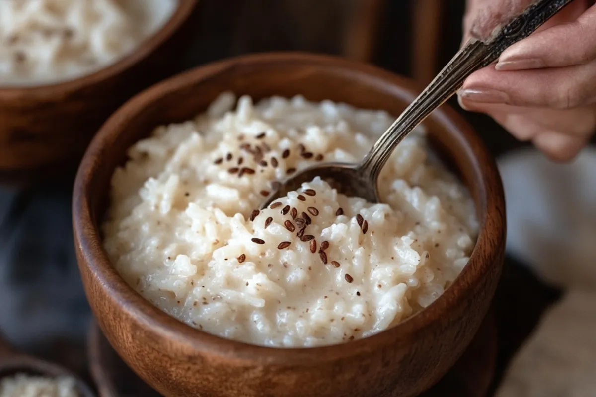 Close-up of creamy rice pudding served with cinnamon and raisins in a bowl