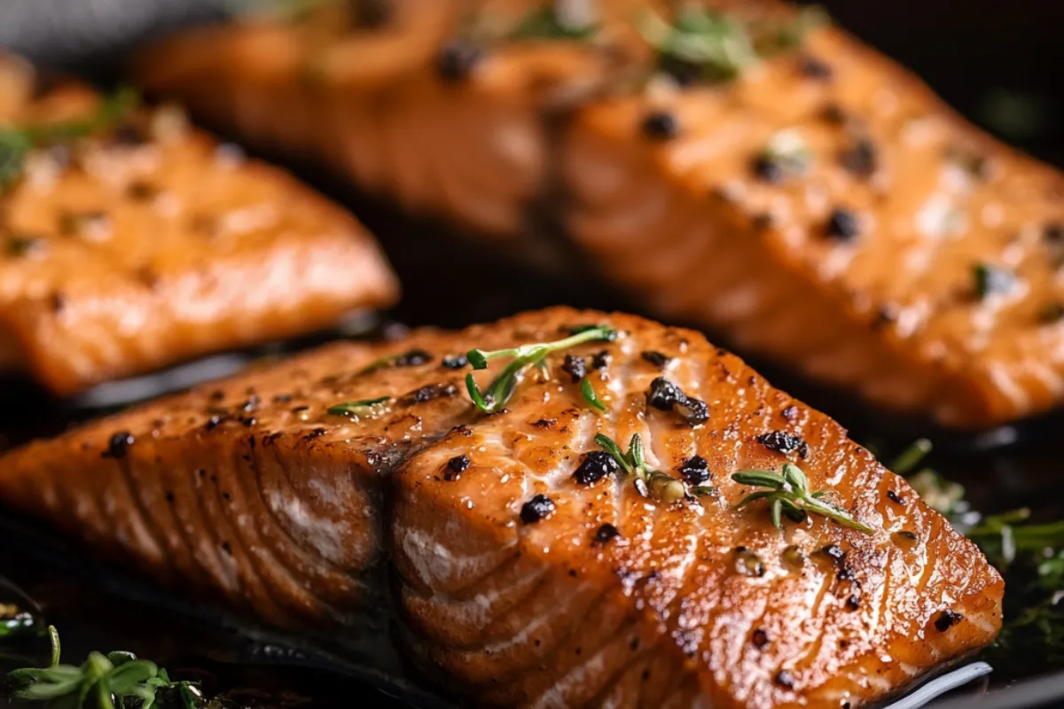 Pan-fried smoked salmon fillet with a crispy golden crust