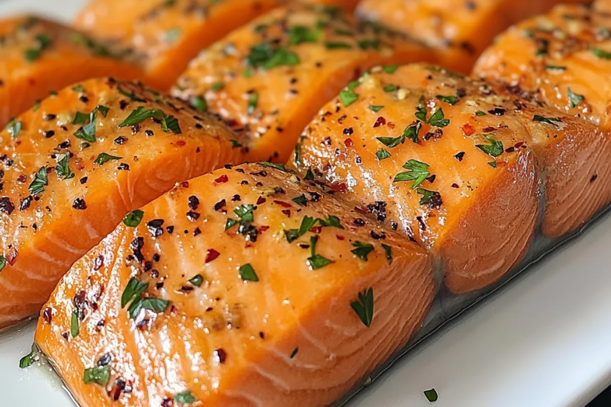 Oven-baked smoked salmon fillet with lemon slices and herbs