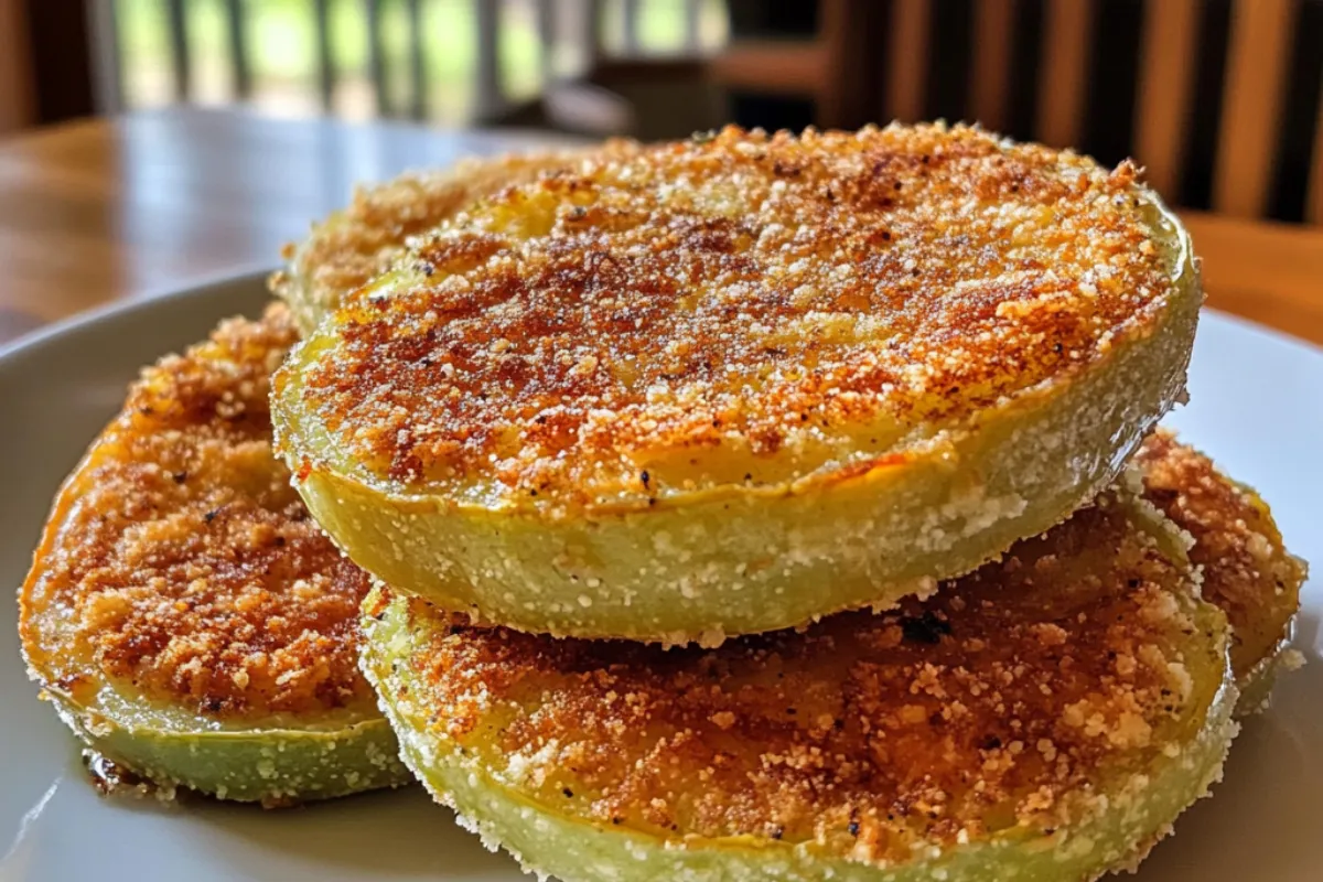 Crispy fried green tomatoes served on a plate with dipping sauce