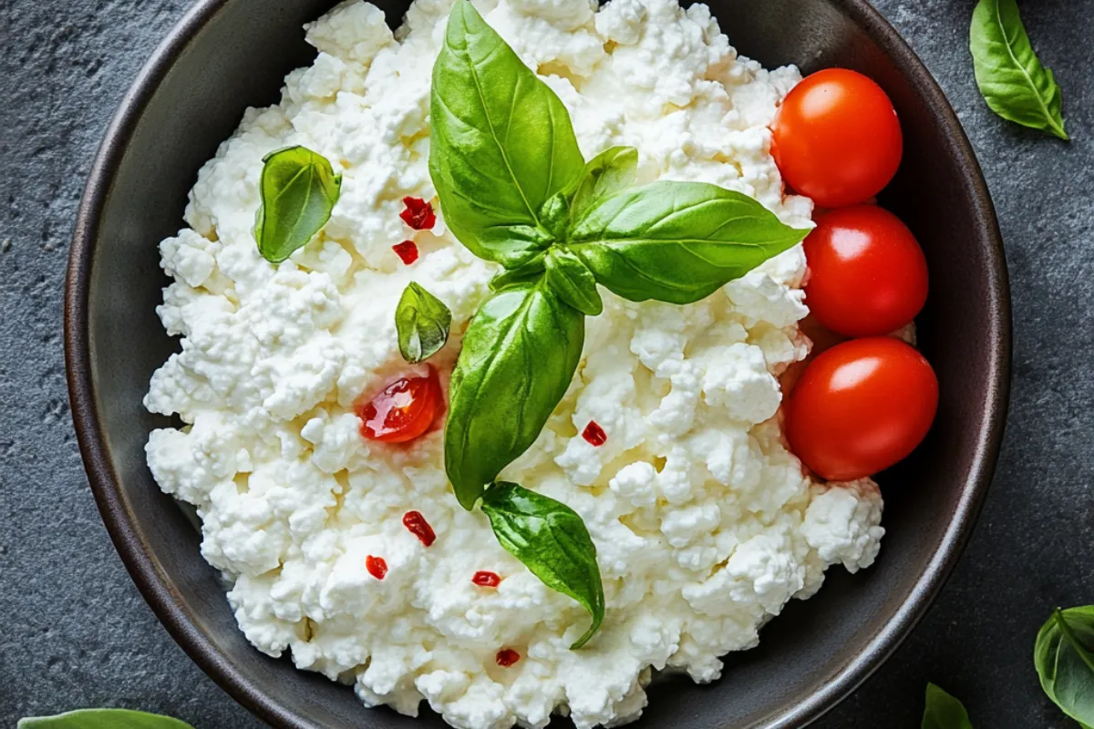 Bowl of cottage cheese topped with fresh berries and nuts, paired with toast and honey