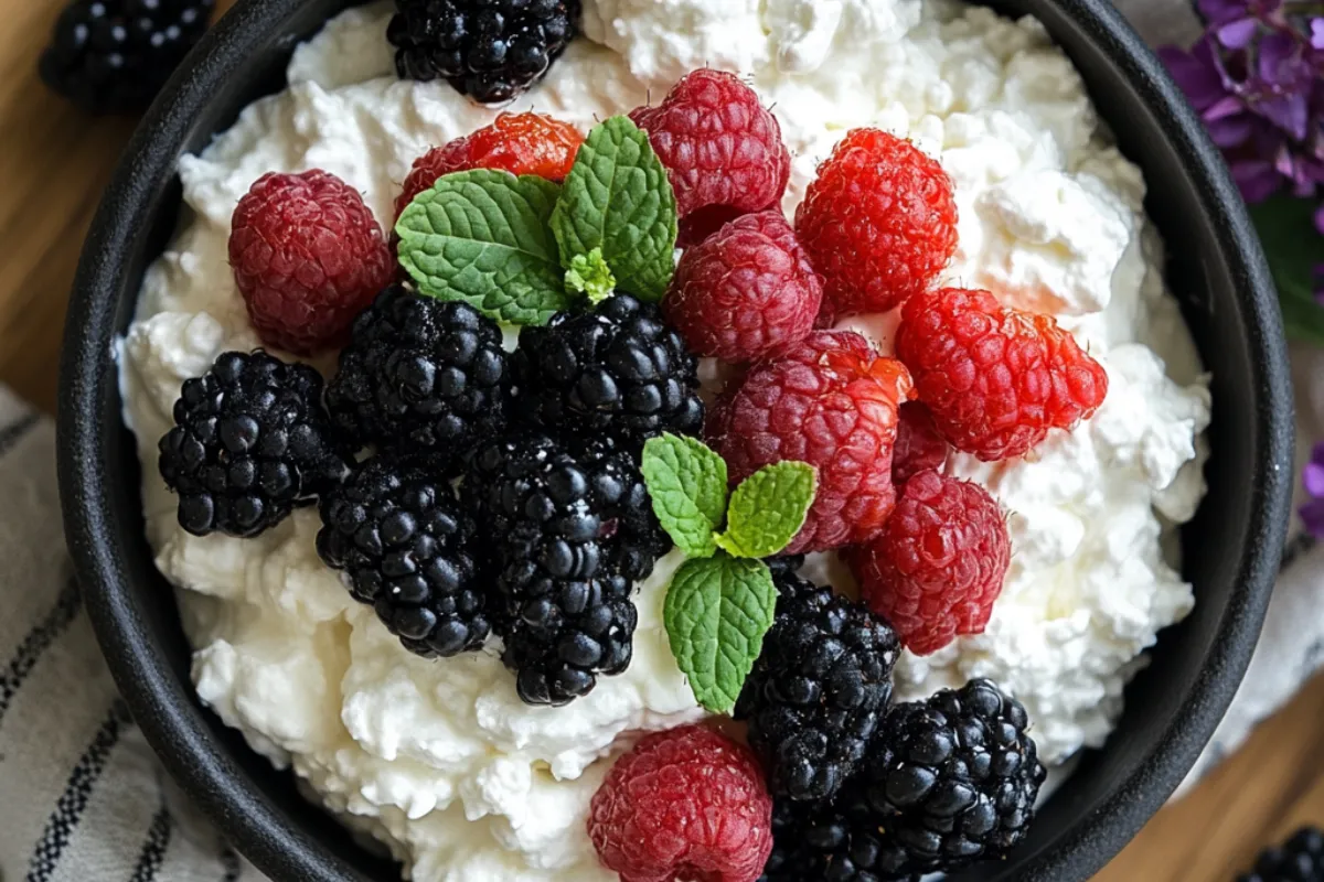 Cottage cheese with strawberries and honey in a bowl