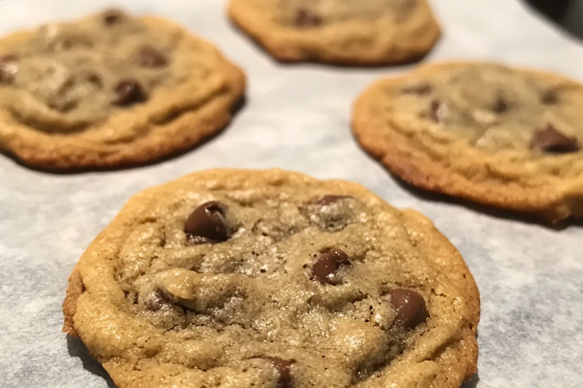 Freshly baked Toll House cookies with melted chocolate chips