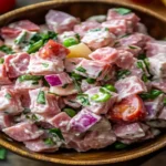 Creamy ham salad served with crackers on a wooden board