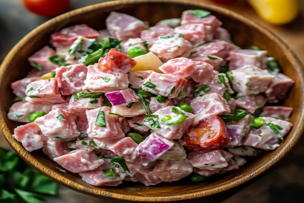 Creamy ham salad served with crackers on a wooden board