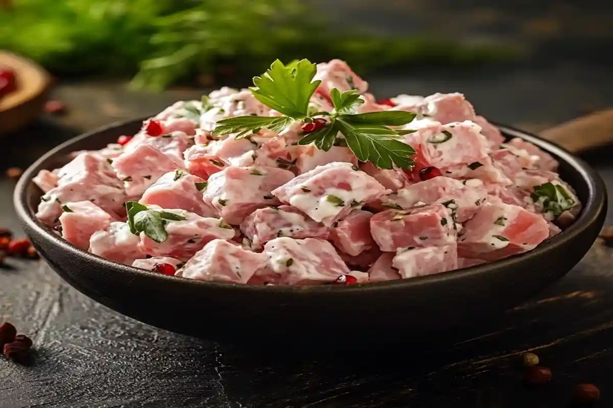 A creamy bowl of ham salad with celery, onions, and relish served with crackers and garnished with fresh parsley